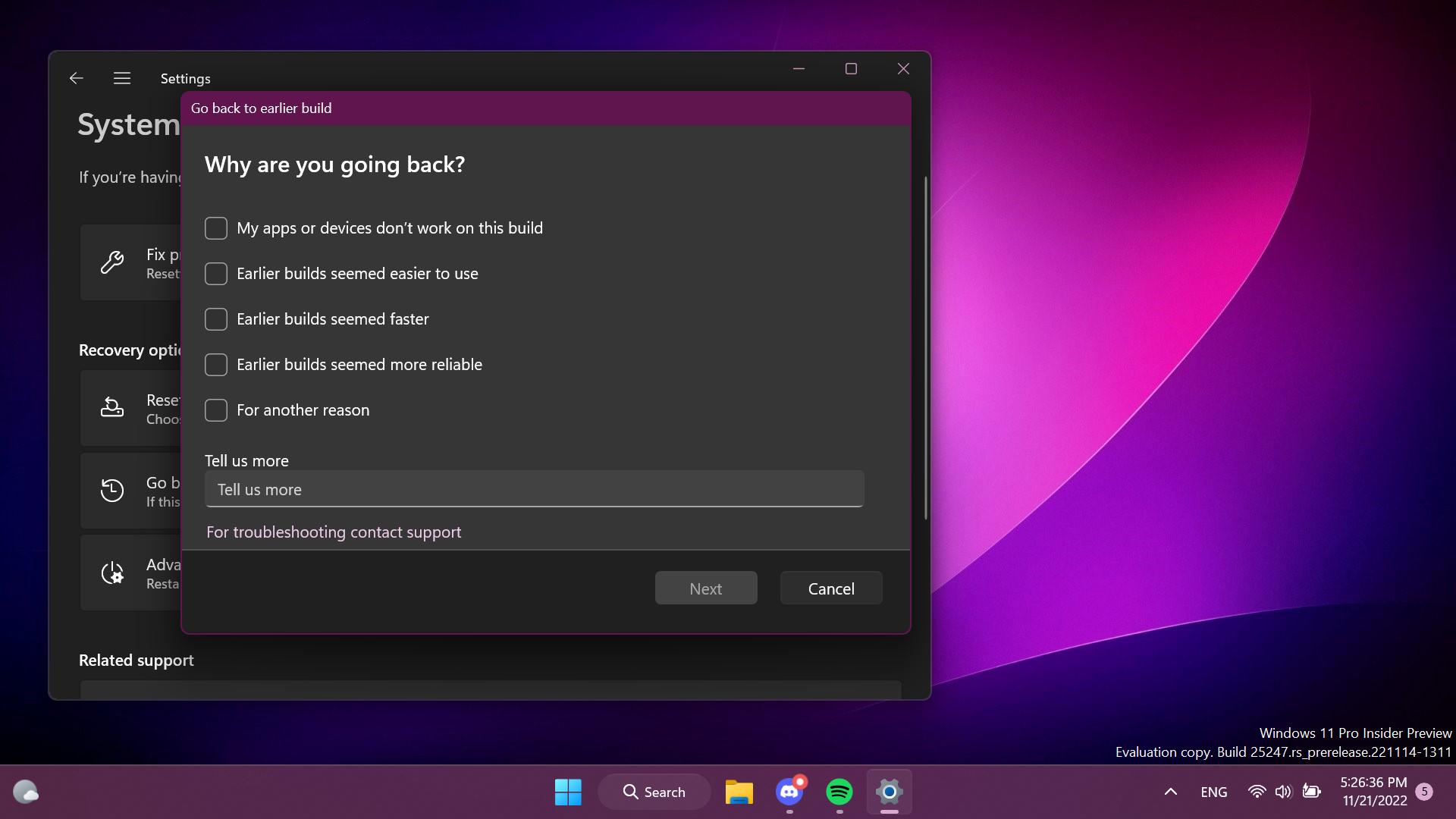 New Dialog UI for Going Back to Earlier Build in Windows 11 25247 (How ...