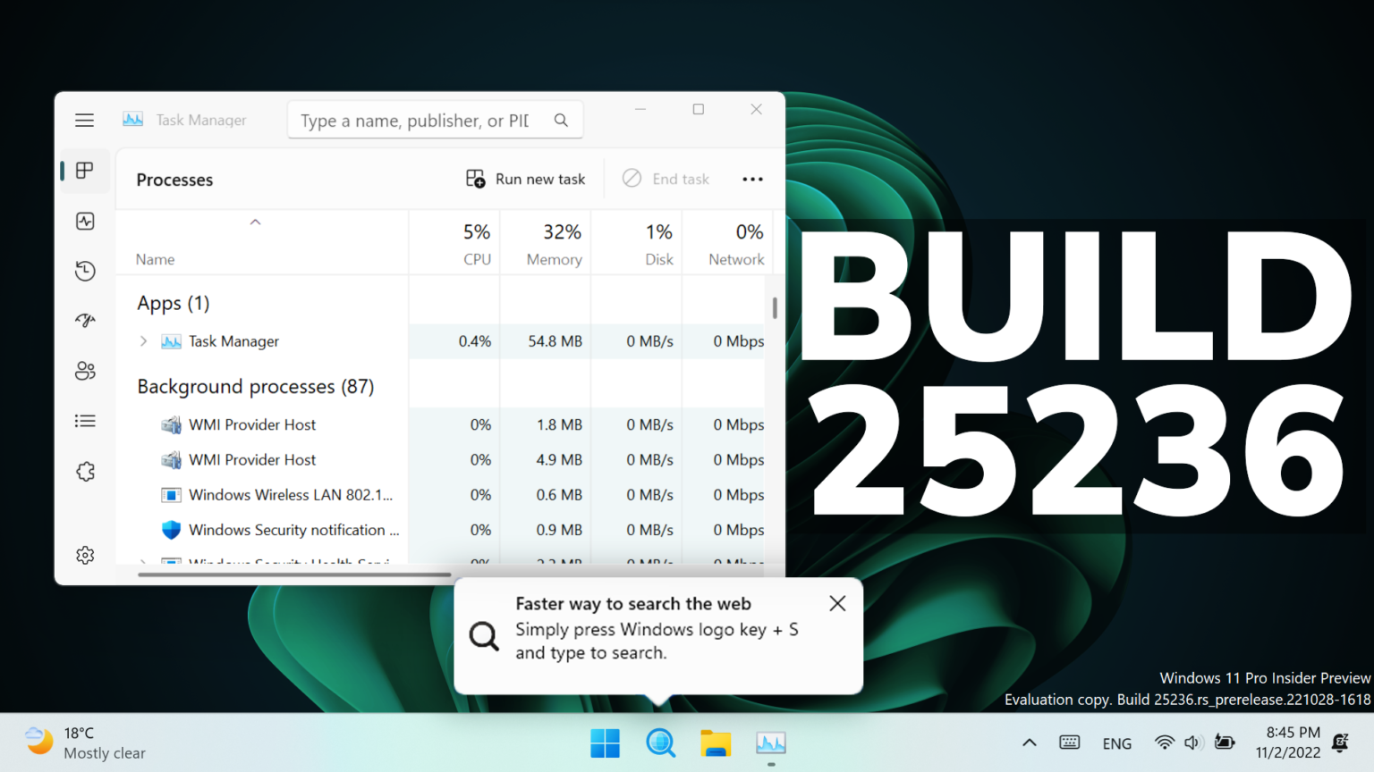 New Windows 11 Build 25236 New Search Experience Task Manager Search 