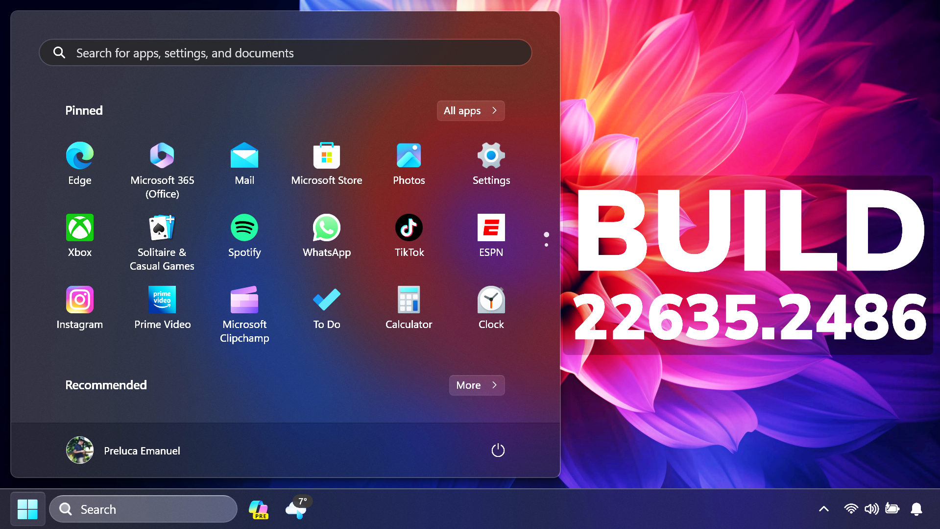 New windows 11 build 22635 2486 start menu changes and fixes in the